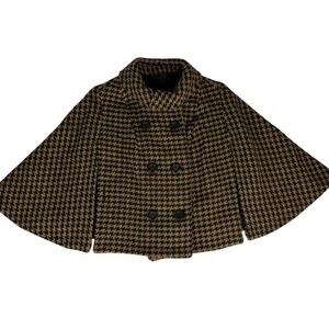 Vintage Tan Black Houndstooth Cape Double Breasted Funnel Neck Poncho Coat 60s